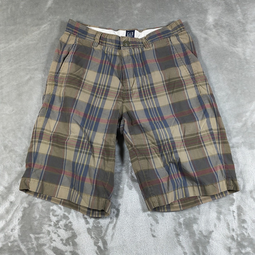 Gap Shorts Mens28 Brown Blue Red Plaid Flat Front Bermuda Casual Preppy Academia